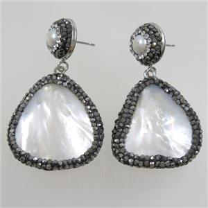 pearlized shell earring paved rhinestone, approx 13mm, 30mm [GMER434]