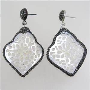 pearlized shell earring paved rhinestone, approx 30-40mm [GMER435]