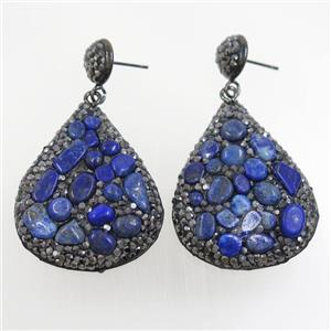 blue Lapis Lazuli earring paved rhinestone, teardrop, approx 30-35mm [GMER438]