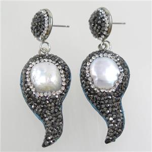 white Pearl earring paved rhinestone, comma, approx 20-40mm [GMER448]