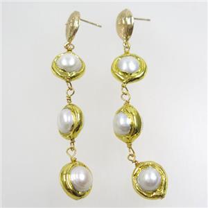 Pearl earring, 24k gold plated, approx 10mm, 70mm length [GMER452]
