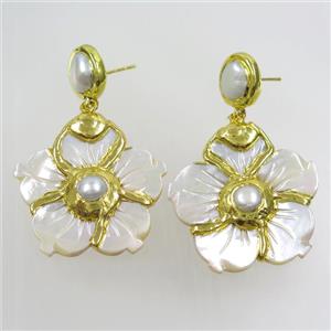 pearlized shell flower earring, 24k gold plated, approx 10mm, 35mm [GMER455]