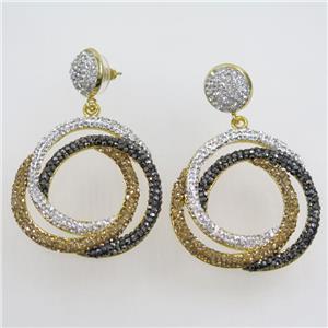 copper earring paved rhinestone, multi-color, approx 40mm dia [GMER459]