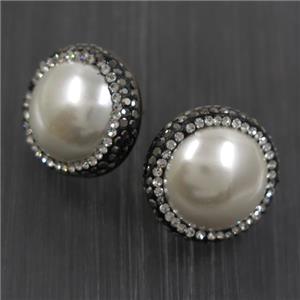 white pearlized Shell earring paved rhinestone, approx 20mm dia [GMER463]