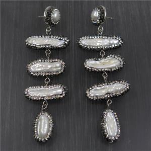 freshwater Pearl Earring paved rhinestone, approx 10-25mm, 70mm length [GMER464]