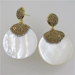 white Shell Earring pave yellow rhinestone, approx 35mm dia [GMER468]