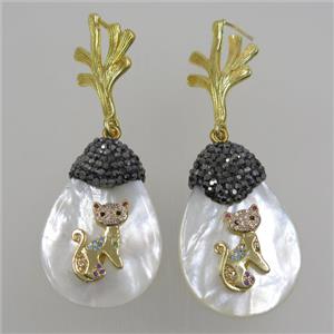 white Shell Earring pave rhinestone cat, approx 25-35mm [GMER469]