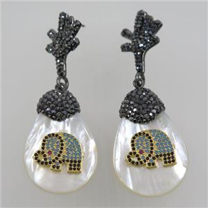 white Shell Earring pave rhinestone elephant, approx 325-35mm [GMER470]