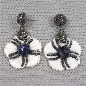 white shell earring pave rhinestone, flower, approx 20mm dia [GMER501]