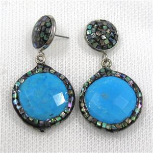 blue turquoise earrings pave abalone shell, circle, approx 13mm, 22mm dia [GMER503]