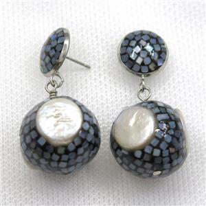 white Pearl Earrings paved abalone shell, round, approx 13mm, 20mm [GMER510]