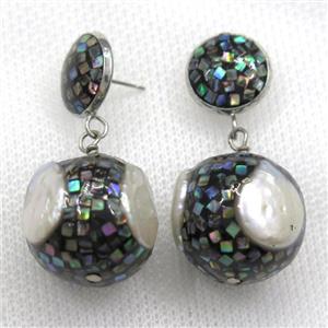 white Pearl Earrings paved abalone shell, round, approx 13mm, 20mm [GMER511]