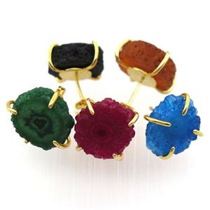 solar quartz druzy studs earring, mix color, approx 12-18mm [GMER543]