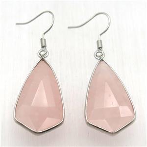 Rose Quartz teardrop Hook Earring, platinum plated, approx 18-32mm [GMER603]