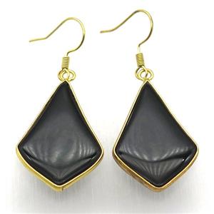 black cat eye glass teardrop Hook Earring, gold plated, approx 20-32mm [GMER604]