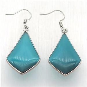 teal cat eye glass teardrop Hook Earring, platinum plated, approx 20-32mm [GMER606]