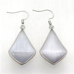 gray cat eye glass teardrop Hook Earring, platinum plated, approx 20-32mm [GMER608]