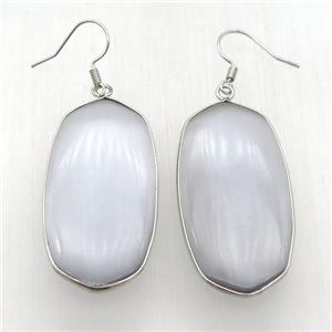 white cat eye glass oval Hook Earring, platinum plated, approx 22-45mm [GMER614]