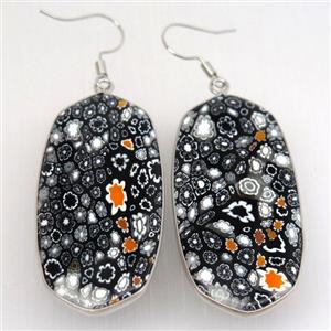 black Milefiori Glass oval Hook Earring, platinum plated, approx 22-45mm [GMER620]