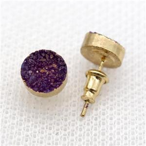 purple druzy agate earring studs, gold plated, approx 8mm dia [GMER631]