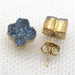 grayblue druzy agate earring studs, gold plated, approx 10mm [GMER636]