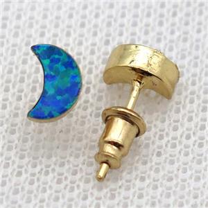 blue synthetic Fire Opal moon Stud Earrings, gold plated, approx 4-8mm [GMER653]