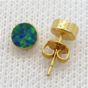 synthetic Fire Opal circle Stud Earrings, gold plated, approx 6mm dia [GMER654]