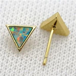 synthetic Fire Opal triangle Stud Earrings, gold plated, approx 8mm [GMER662]
