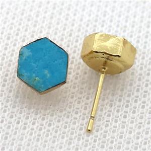 Blue Magnesite Turquoise Stud Earring Hexagon Gold Plated, approx 8mm [GMER663]