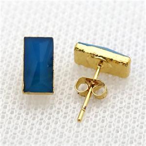 blue crystal glass Stud Earrings, rectangle, gold plated, approx 5-10mm [GMER666]