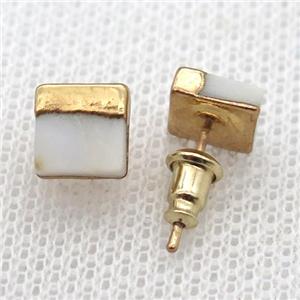 white Pearlized Shell square Stud Earrings, gold plated, approx 7mm [GMER671]