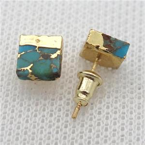 Natural Turquoise Stud Earring Square Gold Plated, approx 7mm [GMER673]