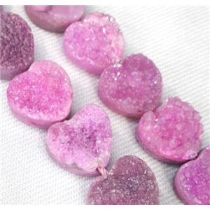 druzy quartz bead, heart, hotpink, approx 12mm dia, 17pcs per st [GMLB1587]