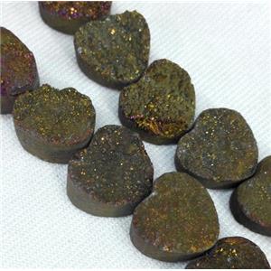 druzy quartz beads, heart, gold electroplated, approx 12mm dia, 17pcs per st [GMLB1592]