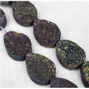 druzy quartz bead, teardrop, rainbow electroplated, approx 13x18mm [GMLB1594]