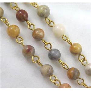 crazy agate beaded chain, gold pin, approx 6mm bead [GMLB2153]