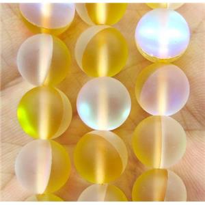 yellow round Aura Quartz Crystal Glass Beads, glow, synthetic, matte, approx 12mm dia [GMLB2357-12MM]