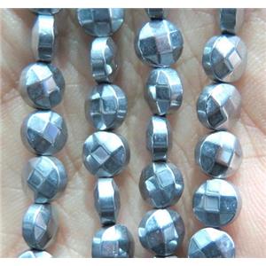 Hematite beads, faceted flat-round, platinum plated, approx 8mm dia [GMLB2508-8MM]