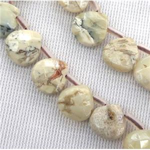 white Peruvian Moss Opal jasper bead, faceted teardrop, top-drilled, approx 15-16mm [GMLB2870-15MM]
