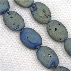 8 inch string of druzy agate oval beads, matte, green electroplated, approx 13x18mm [GMLB2928]