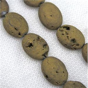 8 inch string of druzy agate oval beads, matte, golden electroplated, approx 13x18mm [GMLB2929]