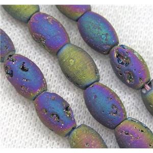 8 inch string of druzy agate rice beads, matte, rainbow electroplated, approx 8x12mm [GMLB2943]