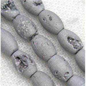 8 inch string of druzy agate rice beads, matte, silver plated, approx 8x12mm [GMLB2946]
