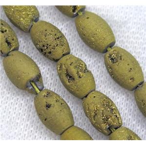 8 inch string of druzy agate rice beads, matte, gold plated, approx 8x12mm [GMLB2947]