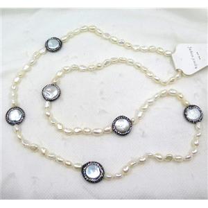 white freshwater pearl necklace pave rhinestone, approx 50cm length [GMLB3252]