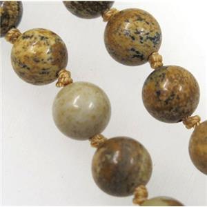 yellow Picture Jasper bead knot Necklace Chain, approx 8mm dia, 35.5 inch length [GMLB3586]