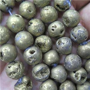 round Druzy Quartz geode bead, gold plated, approx 10mm dia, 8 inch length [GMLB4121]