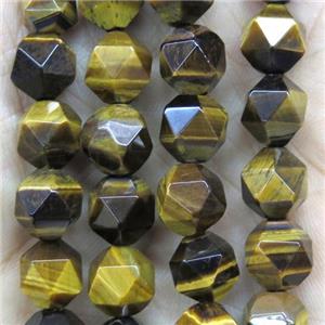 faceted round yellow Tiger eye stone beads ball, approx 10mm dia [GMLB4287-10MM]