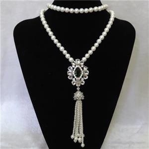 white Pearlized Glass Necklace with copper pendant pave zircon, round, approx 8mm, 35-45mm, 74cm length [GMLB4313]