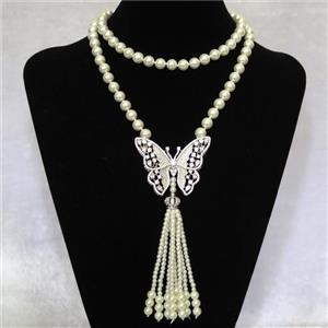 white Pearlized Glass Necklace with copper butterfly pendant pave zircon, round, approx 8mm, 45-55mm, 74cm length [GMLB4314]